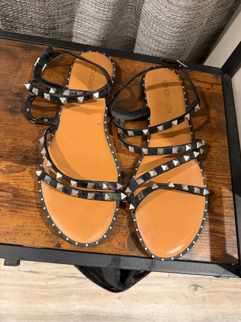 Thompson Black Pyramid-Stud Strappy Sandals with Tan Footbed